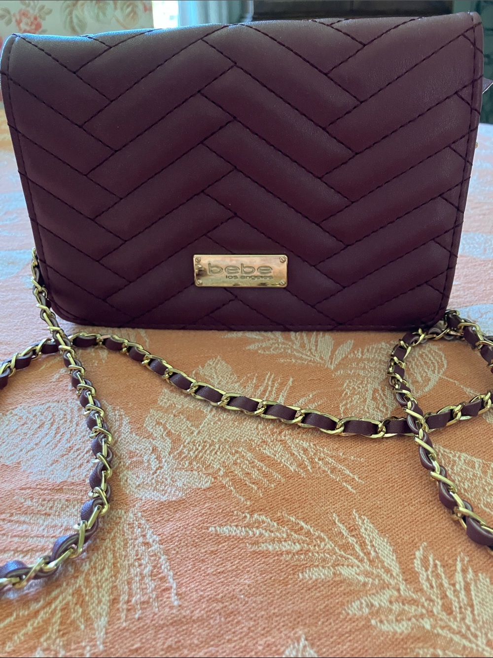 bebe Quilted Crossbody in Deep Wine with Gold Chain